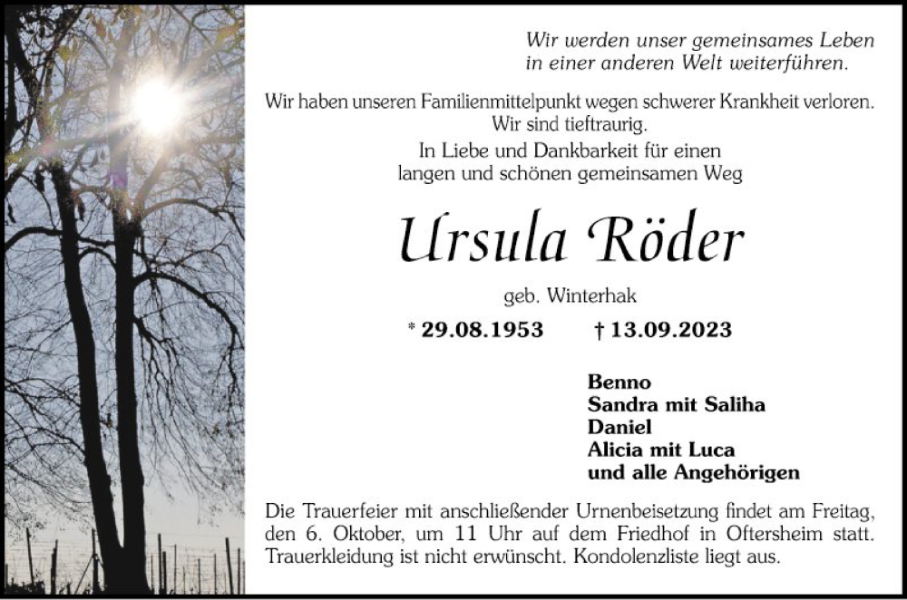  Traueranzeige für Ursula Röder vom 30.09.2023 aus Schwetzinger Zeitung