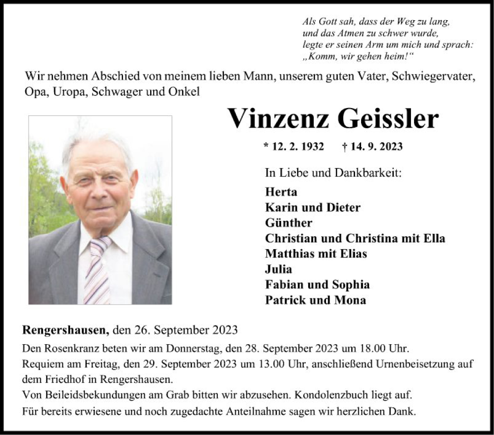  Traueranzeige für Vinzenz Geissler vom 26.09.2023 aus Fränkische Nachrichten