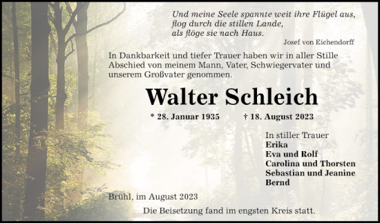 Traueranzeige von Walter Schleich von Schwetzinger Zeitung