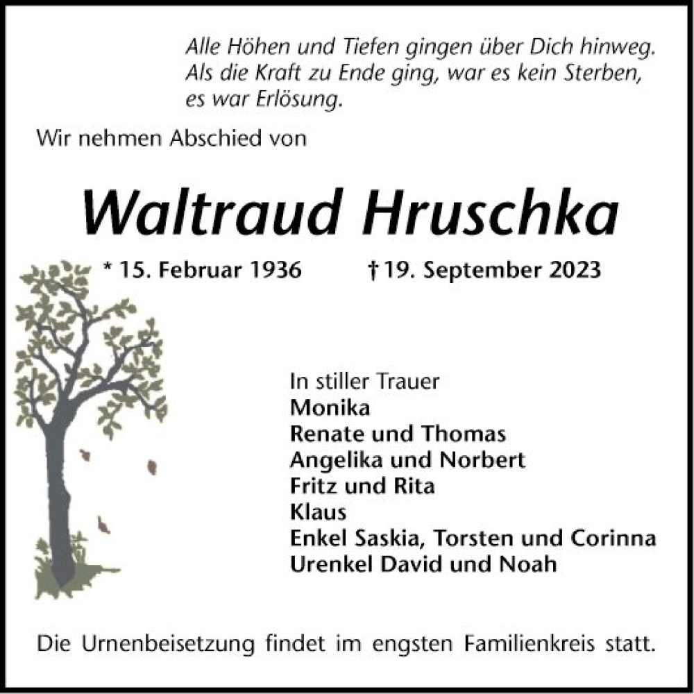  Traueranzeige für Waltraud Hruschka vom 23.09.2023 aus Schwetzinger Zeitung