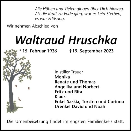Traueranzeige von Waltraud Hruschka von Schwetzinger Zeitung