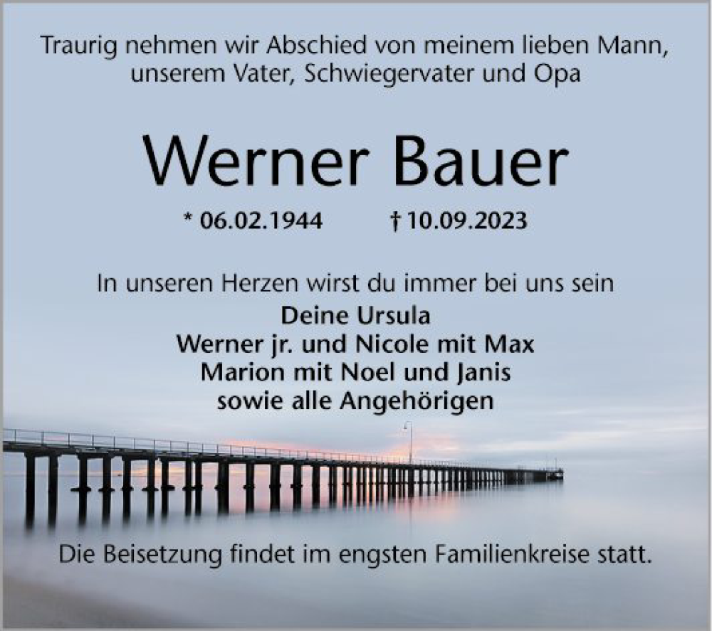  Traueranzeige für Werner Bauer vom 23.09.2023 aus Mannheimer Morgen