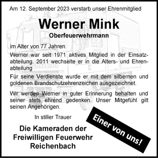Traueranzeige von Werner Mink von Bergsträßer Anzeiger
