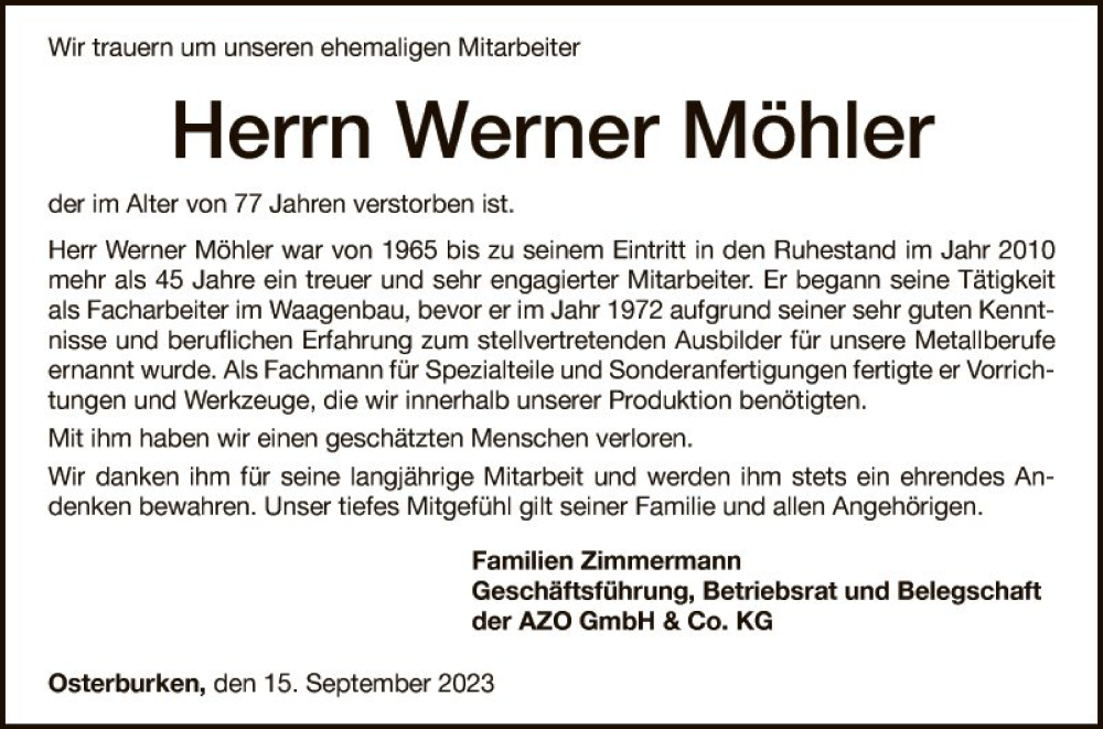  Traueranzeige für Werner Möhler vom 15.09.2023 aus Fränkische Nachrichten