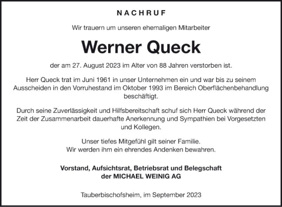 Traueranzeige von Werner Queck von Fränkische Nachrichten