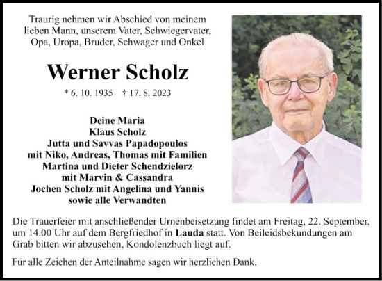 Traueranzeige von Werner Scholz von Fränkische Nachrichten