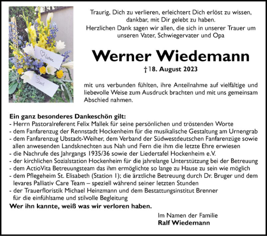 Traueranzeige von Werner Wiedemann von Schwetzinger Zeitung