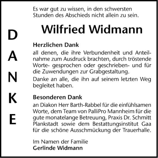 Traueranzeige von Wilfried Widmann von Schwetzinger Zeitung