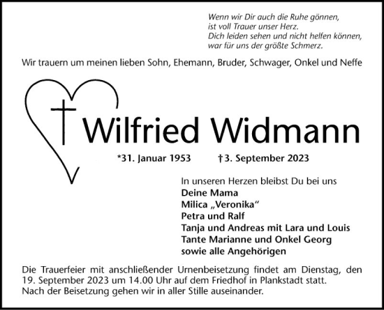 Traueranzeige von Wilfried Widmann von Schwetzinger Zeitung