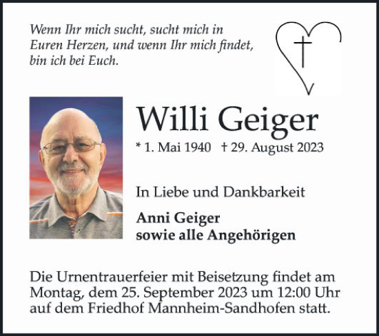 Traueranzeige von Willi Geiger von Mannheimer Morgen