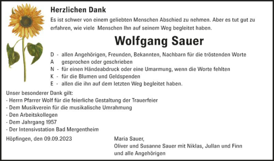 Traueranzeige von Wolfgang Sauer von Fränkische Nachrichten