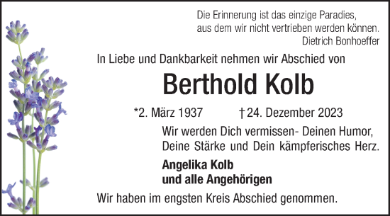 Traueranzeige von Berthold Kolb von Schwetzinger Zeitung