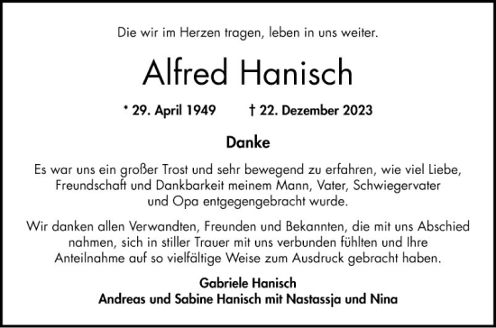 Traueranzeige von Alfred Hanisch von Bergsträßer Anzeiger