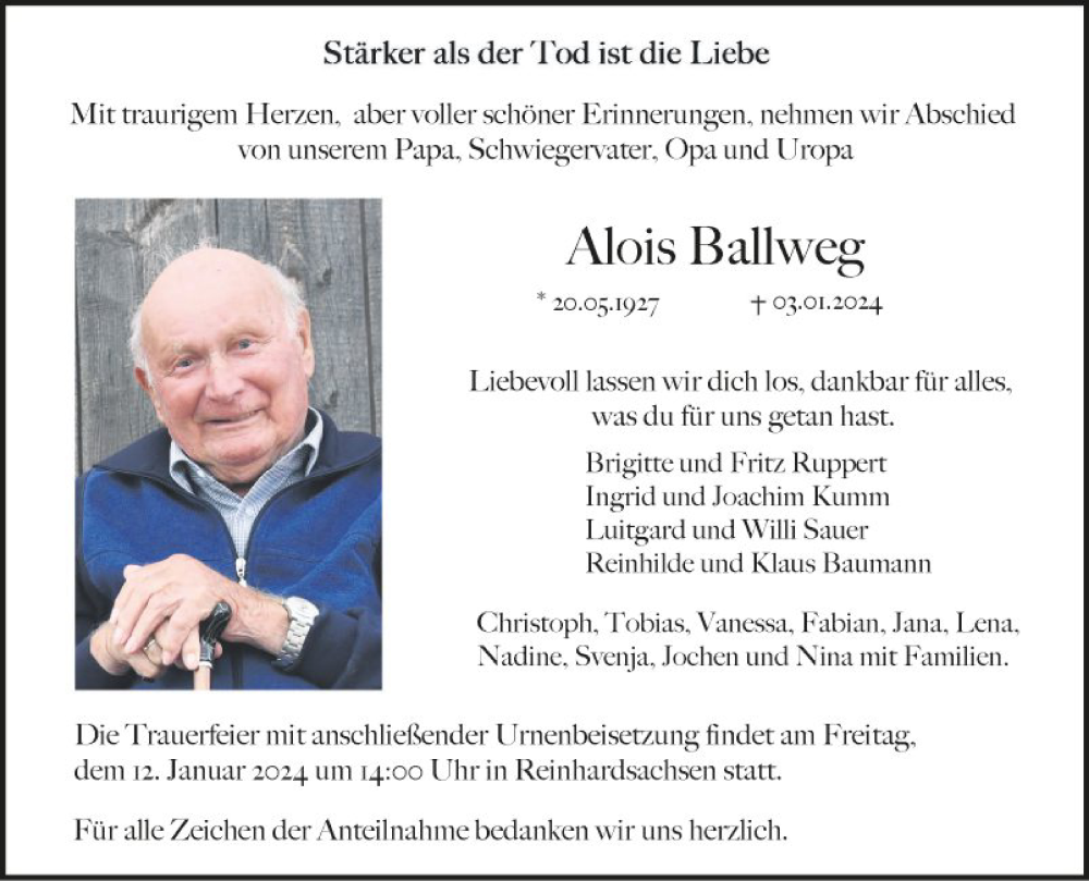  Traueranzeige für Alois Ballweg vom 09.01.2024 aus Fränkische Nachrichten