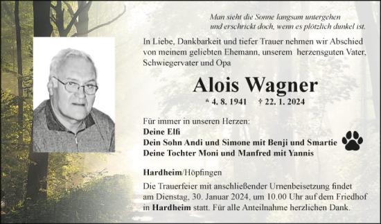 Traueranzeige von Alois Wagner von Fränkische Nachrichten