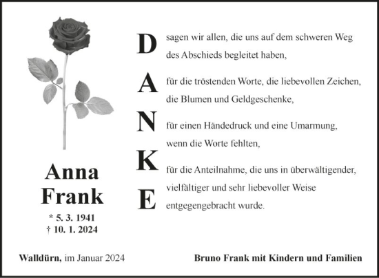 Traueranzeige von Anna Frank von Fränkische Nachrichten