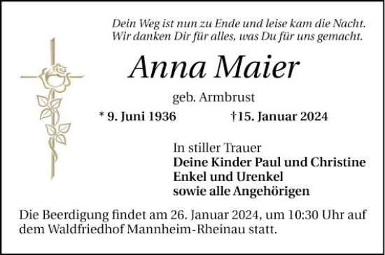 Traueranzeige von Anna Maier von Mannheimer Morgen