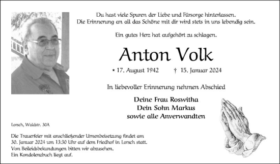 Traueranzeige von Anton Volk von Bergsträßer Anzeiger