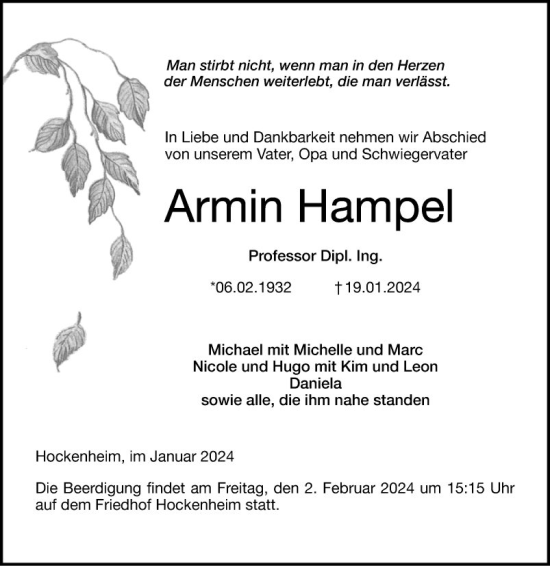 Traueranzeigen Von Armin Hampel | Trauerportal Ihrer Tageszeitung