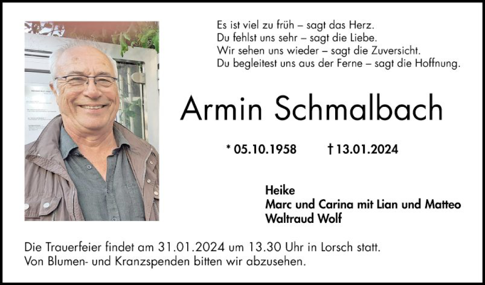  Traueranzeige für Armin Schmalbach vom 27.01.2024 aus Bergsträßer Anzeiger