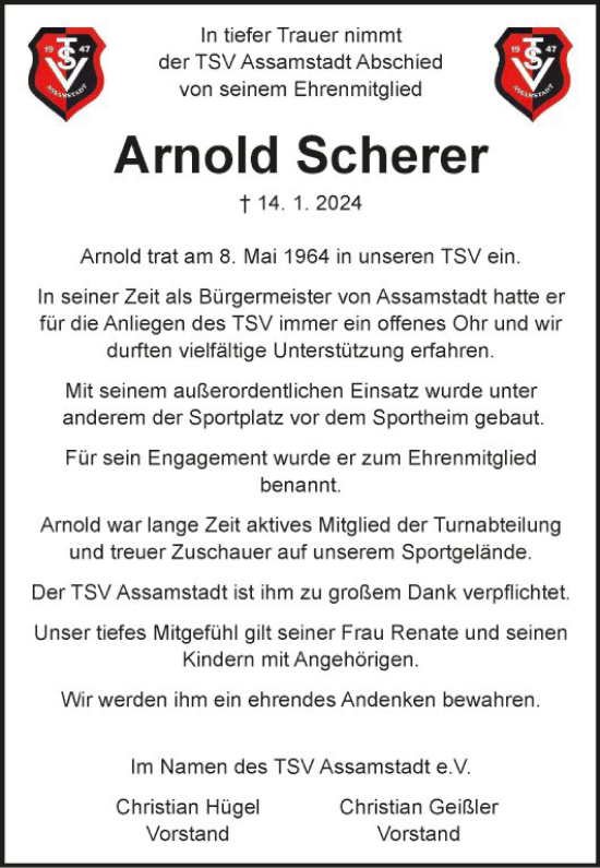 Traueranzeige von Arnold Scherer von Fränkische Nachrichten