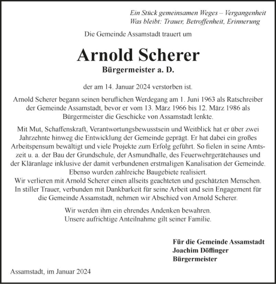 Traueranzeige von Arnold Scherer von Fränkische Nachrichten