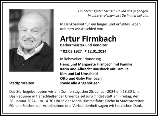 Traueranzeige von Artur Firmbach von Fränkische Nachrichten