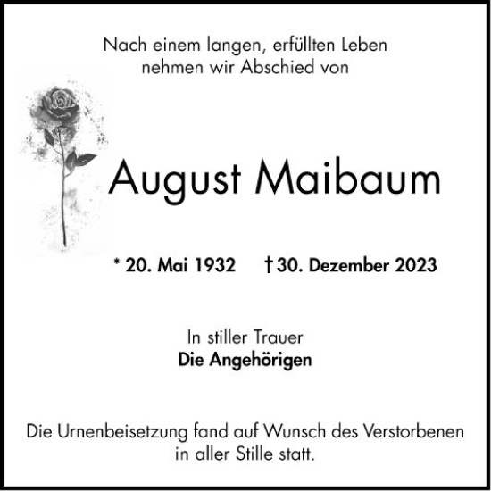 Traueranzeige von August Maibaum von Mannheimer Morgen