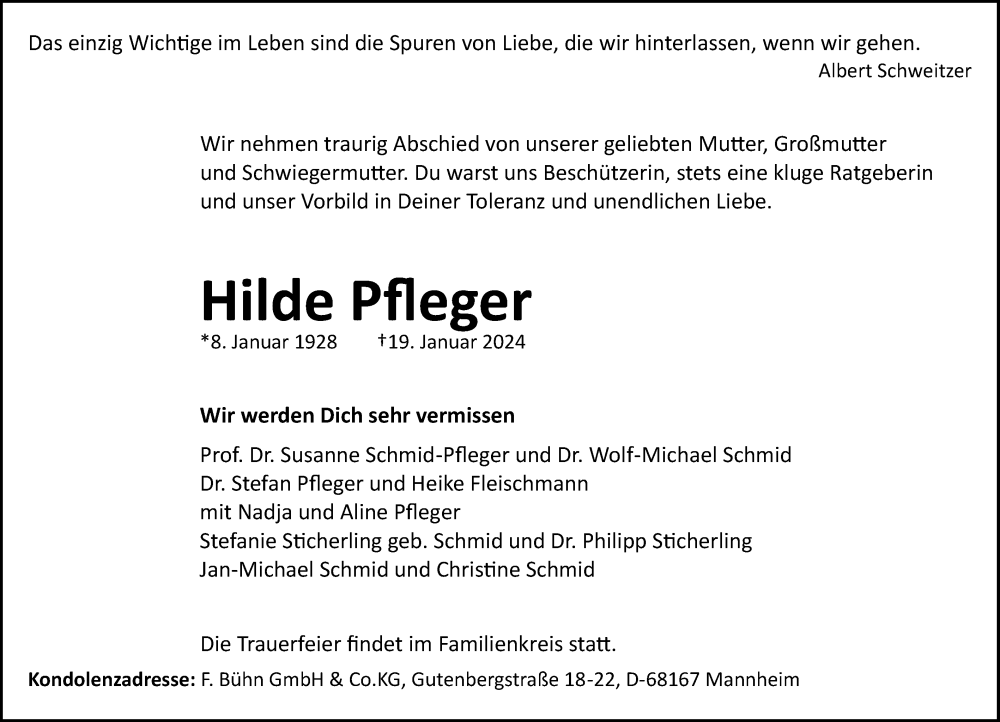  Traueranzeige für Hilde Pfleger vom 29.01.2024 aus Mannheimer Morgen