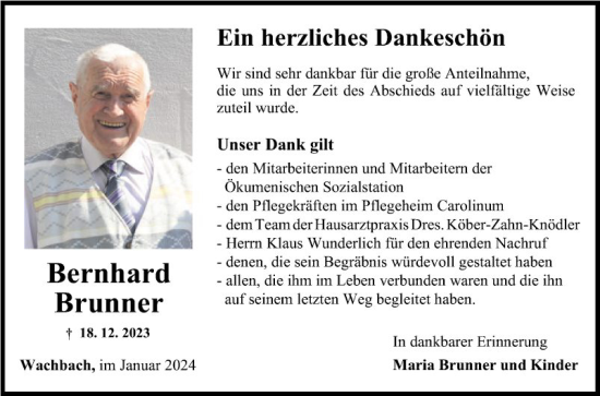 Traueranzeige von Bernhard Brunner von Fränkische Nachrichten