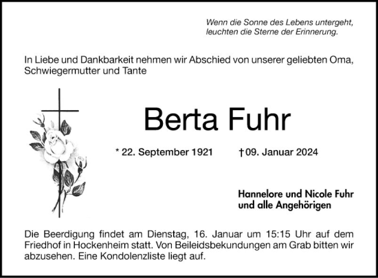 Traueranzeige von Berta Fuhr von Schwetzinger Zeitung