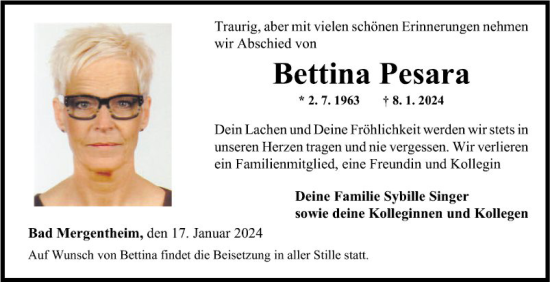 Traueranzeige von Bettina Pesara von Fränkische Nachrichten