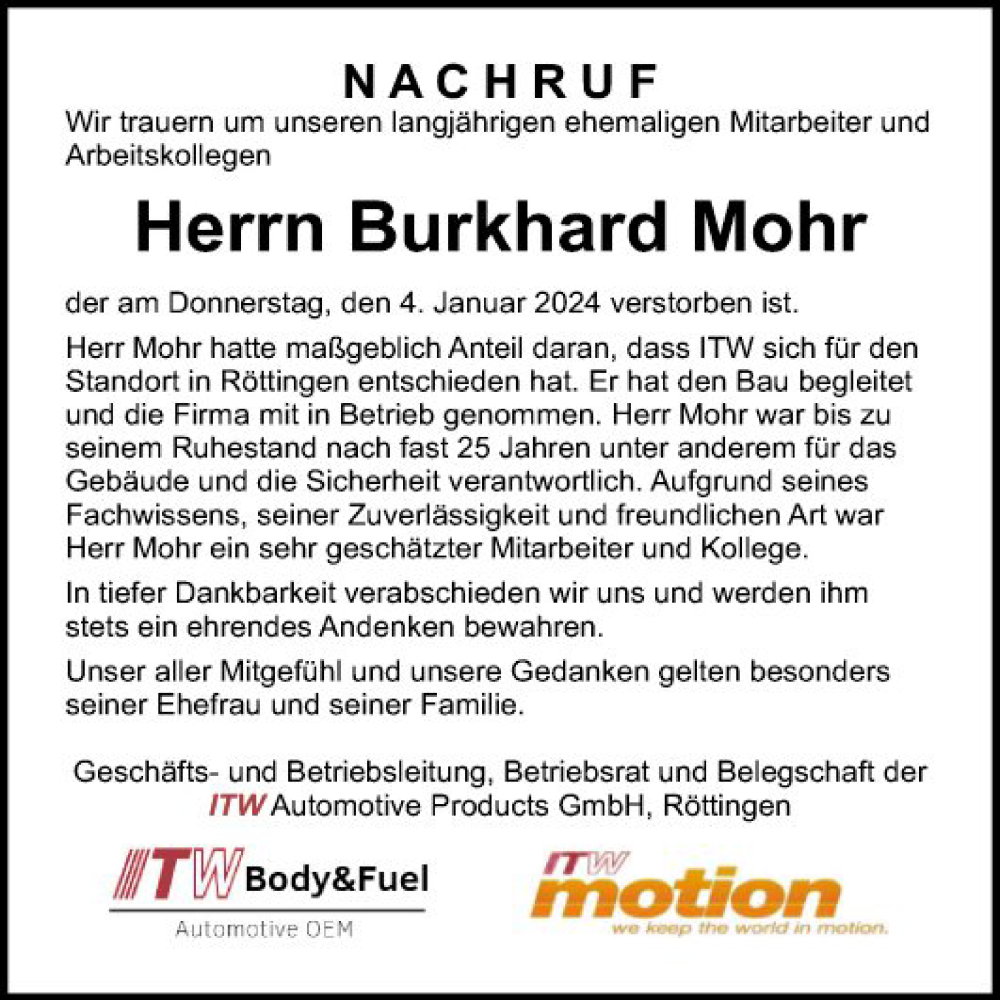  Traueranzeige für Burkhard Mohr vom 17.01.2024 aus Fränkische Nachrichten