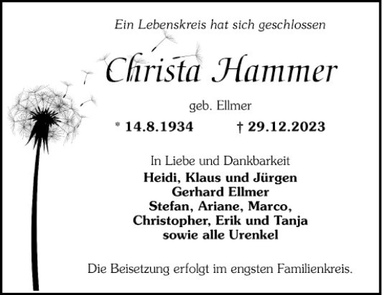 Traueranzeige von Christa Hammer von Mannheimer Morgen