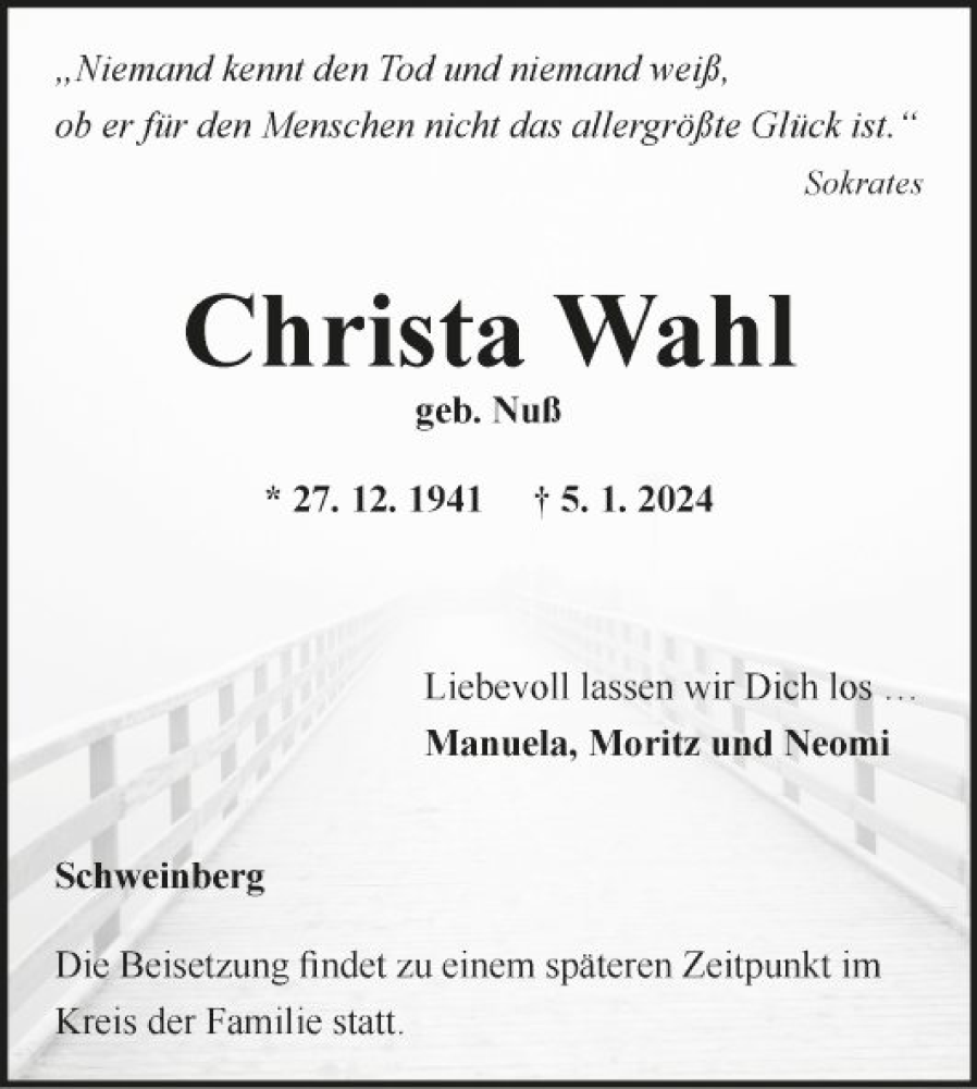  Traueranzeige für Christa Wahl vom 10.01.2024 aus Fränkische Nachrichten