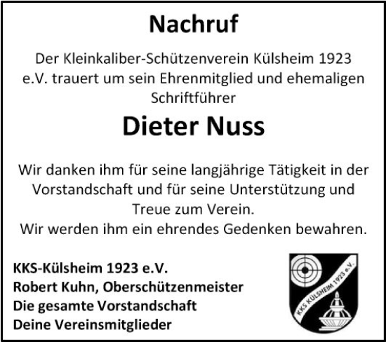 Traueranzeige von Dieter Nuss von Fränkische Nachrichten