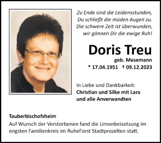 Traueranzeige von Doris Treu von Fränkische Nachrichten