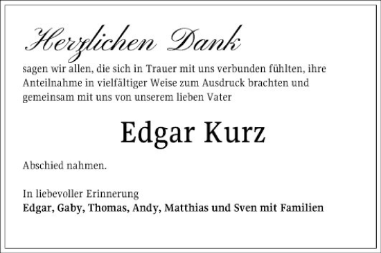 Traueranzeige von Edgar Kurz von Mannheimer Morgen