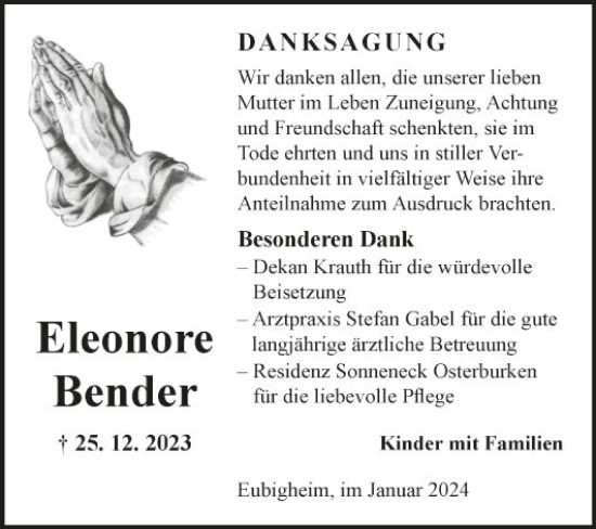 Traueranzeige von Eleonore Bender von Fränkische Nachrichten