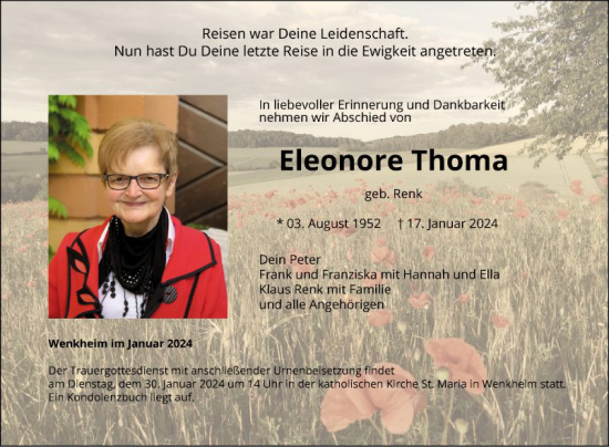 Traueranzeige von Eleonore Thoma von Fränkische Nachrichten