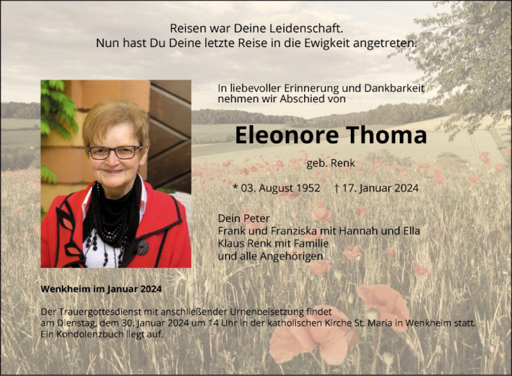  Traueranzeige für Eleonore Thoma vom 23.01.2024 aus Fränkische Nachrichten