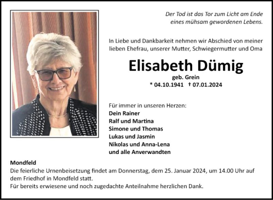 Traueranzeige von Elisabeth Dümig von Fränkische Nachrichten