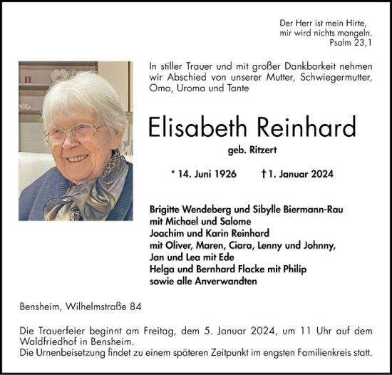 Traueranzeige von Elisabeth Reinhard von Bergsträßer Anzeiger