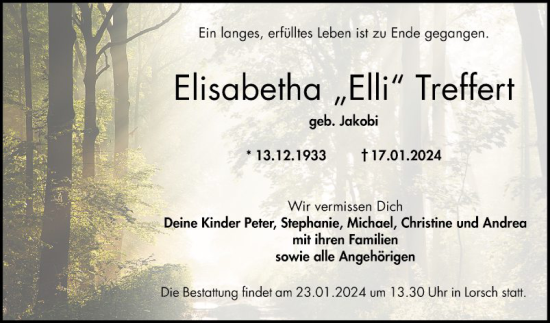 Traueranzeige von Elisabetha Treffert von Bergsträßer Anzeiger