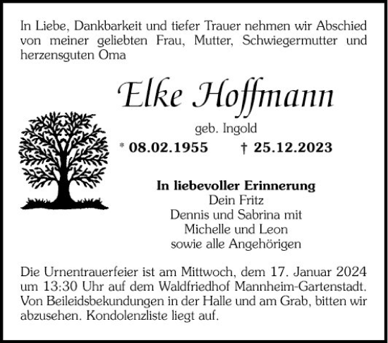 Traueranzeige von Elke Hoffmann von Mannheimer Morgen