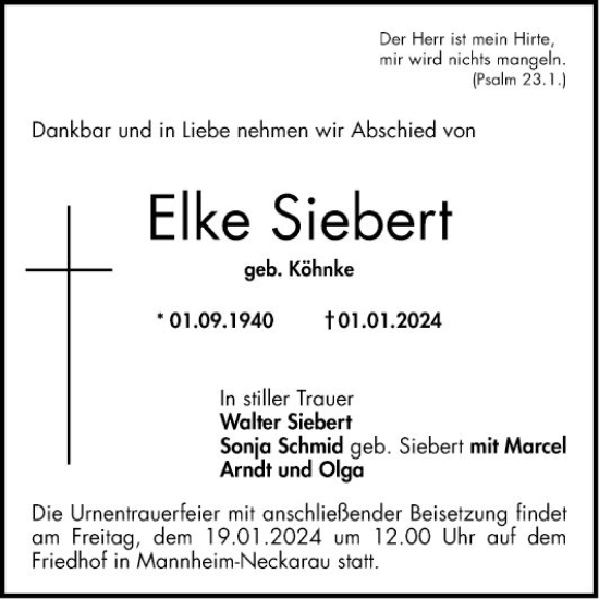 Traueranzeige von Elke Siebert von Mannheimer Morgen