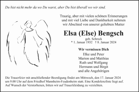 Traueranzeige von Elsa  Bengsch von Mannheimer Morgen