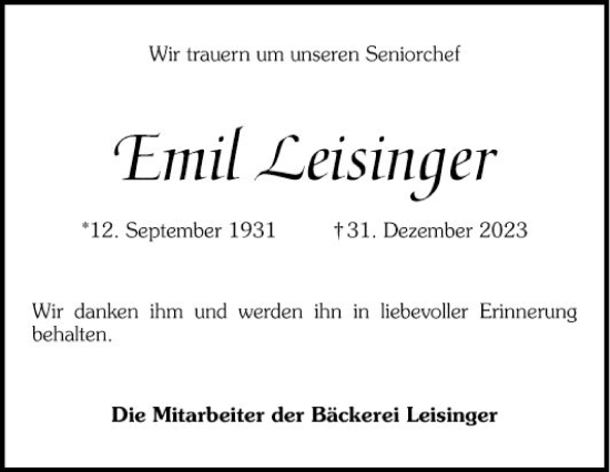 Traueranzeige von Emil Leisinger von Schwetzinger Zeitung