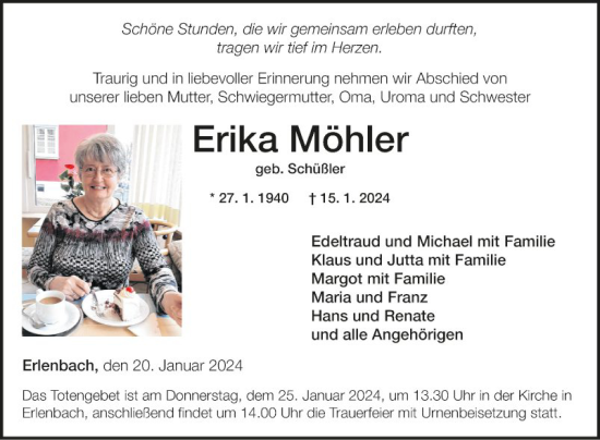 Traueranzeige von Erika Möhler von Fränkische Nachrichten