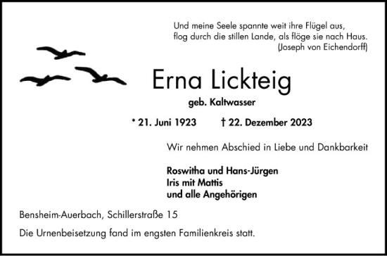 Traueranzeige von Erna Lickteig von Bergsträßer Anzeiger
